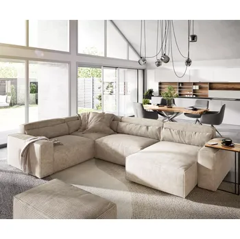 Ložnicová sestava DELIFE Pohovka ve tvaru "U" Sirpio 300x210 cm manšestr béžová lenoška variabilní s taburetem