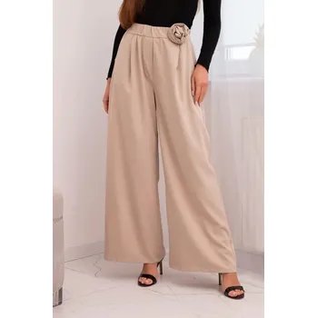 Dámské kalhoty Dámské elegantní kalhoty s širokou nohavicí a ozdobným květem béžové UNI