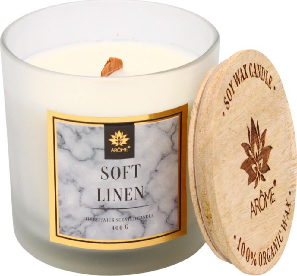 ARÔME Sojová vonná svíčka s dřevěným knotem – Soft Linen, 400 g