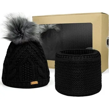 Čepice Bontis Dárkové balení: Dámská čepice s bambulí a nákrčník Černá