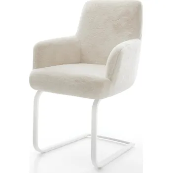 Jídelní židle DELIFE Jídelní židle Heira-Flex s područkami plyšový manšestr krémovo-bílá konzolová podnož plochá bílá taštičkové pružiny