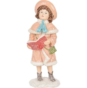 Vánoce Dekorace dívka v růžovém plášti držící knihu a zdobená třpytkami - 7*8*18 cm