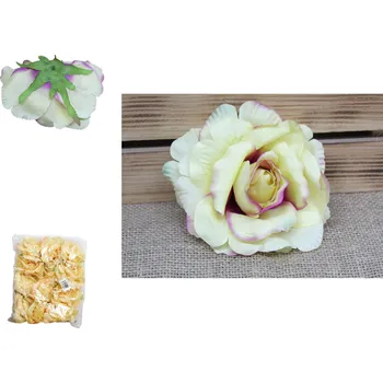 umělá květina Květinová hlava RŮŽE 13x6 cm ŽLUTÁ (fialový okraj) - 1 ks