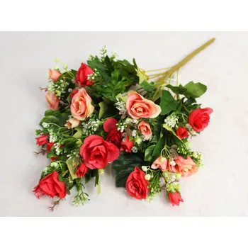 umělá květina Kytice RŮŽE s doplňky, výška 50 cm, 12 stonků (hlávky 2-4,5 cm) KORALOVÁ