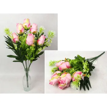 umělá květina Kytice RŮŽE s doplňky výška 56 cm, 13 stonků (7 květů 8x6 cm) RŮŽOVÁ