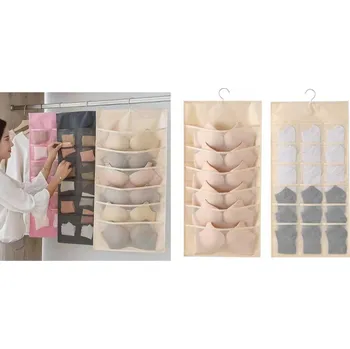 Úložný box Oboustranný závěsný organizér na prádlo 12 + 18 přihrádek BEŽOVÝ 80 x 40 cm