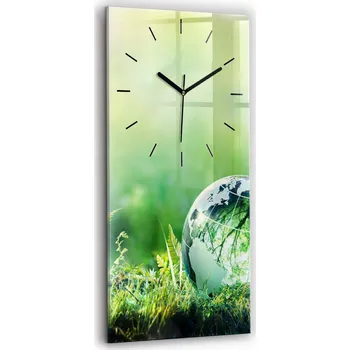 Hodiny Velké vertikální skleněné hodiny na zeď s grafikou - Tichý chod - Glóbus 30x60 cm