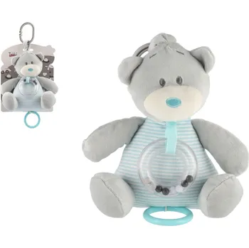 plyšák Medvěd natahovací hrací strojek chrastítko plyš 16x21,5cm modrý na kartě v sáčku 0+