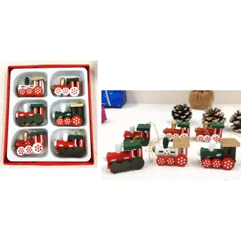 Vánoční dekorace Vánoční přívěsky LOKOMOTYWY dřevěné 1 ks - 4x3x2 cm sada 6 ks v kartonu 12,5x11x2 cm