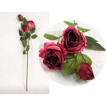 umělá květina Květ RŮŽE výška 52 cm (3 květy 3x4, 4x6 cm) TMAVĚ RŮŽOVÁ