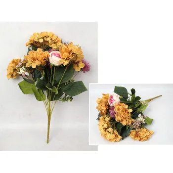 umělá květina Smíšená kytice RŮŽE, HORTENSIE, ČESNEK výška 52 cm, 12 stonků (8 květů 15-5 cm) ORANŽOVO-FIALOVÁ