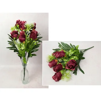 umělá květina Kytice RŮŽE s doplňky výška 56 cm, 13 stonků (7 květů 8x6 cm) BORDOVÁ