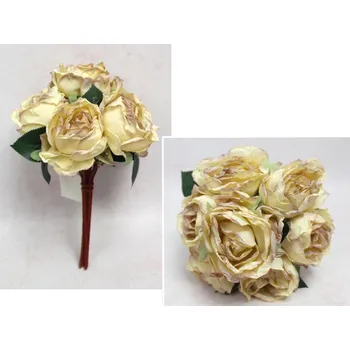 umělá květina Kytice, svazek RŮŽE výška 28 cm, 7 stonků (7 květů 8x5 cm, 3 poupata) ŽLUTO-FIALOVÁ