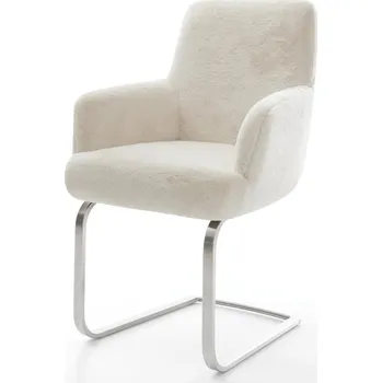 Jídelní židle DELIFE Jídelní židle Heira-Flex s područkami plyšový manšestr krémově bílá konzolová podnož plochá nerezová ocel taštičkové pružiny