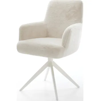 Jídelní židle DELIFE Jídelní židle Heira-Flex s područkami plyšový manšestr krémová bílá křížová podnož široká bílá otočný 360° houpací funkce taštičkové pružiny