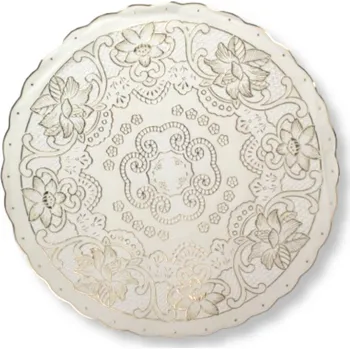 umělá květina Stolní podložka – umělá hmota, kulatá, KVĚTY, VZORY, 38 cm, KRÉMOVÁ, ZLATÝ OKRAJ, voskovaná