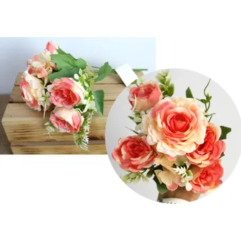 umělá květina Smíšená kytice RŮŽE, HORTENSIE výška 32 cm 7 stonků (5 květů 5-9 cm) LOSOSOVÁ