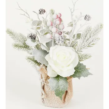 Vánoční dekorace Vánoční dekorace z juty s BÍLOU RŮŽÍ 30 cm posypaná sněhem