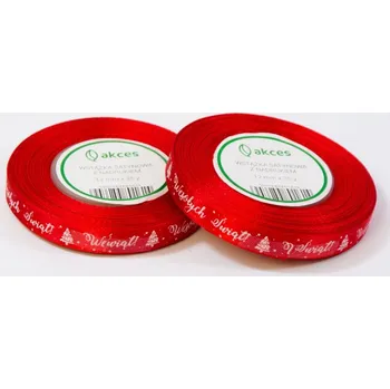 Stuha Saténová stuha s potiskem 12 mm x 23 m – 1 ks ČERVENÁ Veselé Vánoce