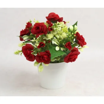 umělá květina Květ RŮŽE v bílém květináči výška 20 cm (květ 5x1,5 cm) ČERVENÁ