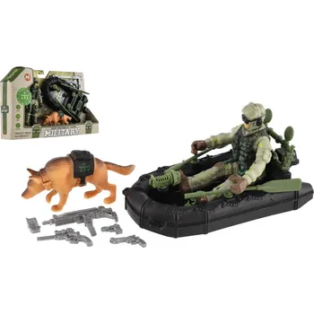 Vojenská sada plast člun, voják, pes s doplňky v krabici 23x14x4cm