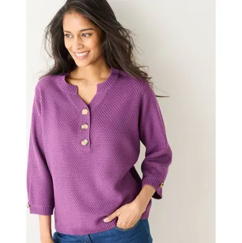 Dámský svetr Pulovr s výstřihem na knoflíky a perličkovým vzorem fialová 52