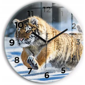 Hodiny Čtvercové Skleněné Nástěnné Hodiny do Kanceláře s Grafikou Skákající tygr průměr 30 cm