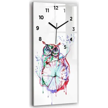 Hodiny Vertikální skleněné nástěnné hodiny s motivem ilustrace sovy a hodin, 30x60 cm