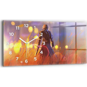 Hodiny Minimalistické skleněné nástěnné hodiny s motivem rytíře s mečem 60x30 cm