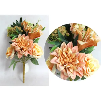 umělá květina Smíšená kytice RŮŽE, LILIE, DALIE výška 42 cm 7 stonků (hlávky 5-13 cm) ORANŽOVÁ