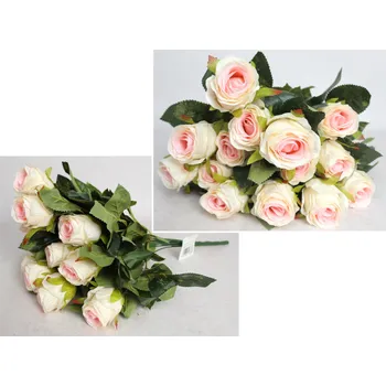 umělá květina Kytice RŮŽE výška 52 cm 14 stonků (14 květů 4x6 cm) ECRU s růžovým středem