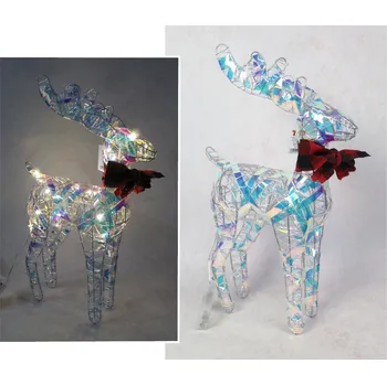 Dekorace na drátěném stojanu s holografickou fólií RENIFER s mašlí 20 LED 44x27x10 cm