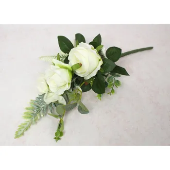 umělá květina Kytice RŮŽE s doplňky výška 30 cm, 7 stonků (2 květy 9x5 cm) BÍLÁ