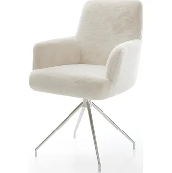 Jídelní židle DELIFE Jídelní židle Heira-Flex s područkami plyšový krémovo-bílá křížová podnož zúžená nerezová ocel taštičkové pružiny