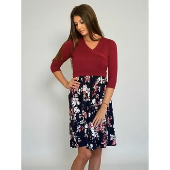 Těhotenské šaty Těhotenské a kojící šaty Fiori 3v1 - bordó s květinovým vzorem, 3/4 rukáv Velikost: 3XL