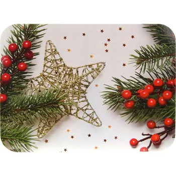 Vánoční dekorace Podložka pod stůl 40x30 cm ZLATÁ HVĚZDA - ČERVENÉ KULIČKY, SMRK