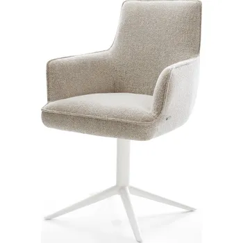Jídelní židle DELIFE Jídelní židle Heira-Flex s područkami látka Měkký béžová křížová podnož bílá 360° otočný houpací funkce taštičkové pružiny