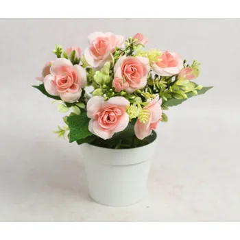 umělá květina Květina RŮŽE v bílém květináči výška 20 cm (květina 5x1,5 cm) světle RŮŽOVÁ