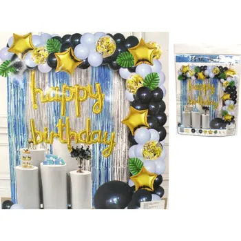 Balónek Dekorační sada k narozeninám (nápis happy birthday, záclona, listy, balónky) ČERNÁ - ZLATÁ - MODRÁ - 72 ks