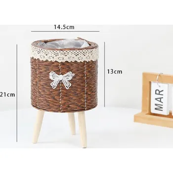 Květináč Květináč, květinová nádoba PLETENÁ na dřevěných nožkách 21x14,5 cm HNĚDÁ krajková mašle