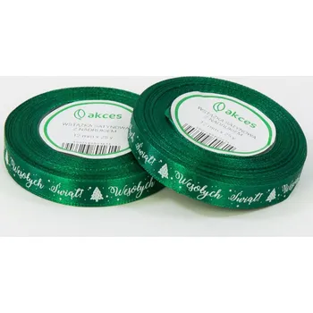 Stuha Saténová stuha s potiskem 12 mm x 23 m – 1 ks ZELENÁ Veselé Vánoce