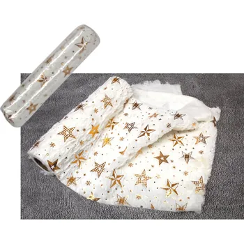 Vánoční dekorace Organza, dekorativní materiál šířka 28 cm, délka 270 cm BÍLÁ zlaté hvězdičky