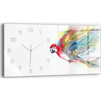 Hodiny Skleněné Horizontální Nástěnné Hodiny s S Potiskem Barevný Papoušek v letu 60x30 cm