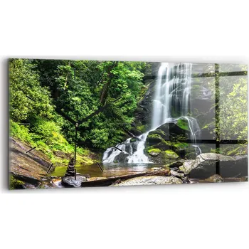 Hodiny Moderní skleněné foto hodiny na zeď s tichým mechanismem 60x30 cm Vodopád les