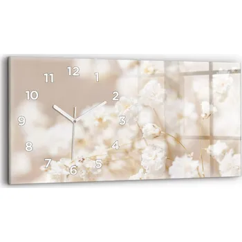 Hodiny Minimalistické skleněné nástěnné hodiny s motivem Malé bílé květy 60x30 cm