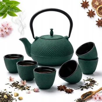 Konvice na čaj KONVICE LITINOVÁ S LOUHOVAČEM 1,8L SE SADOU 6 ŠÁLKŮ NA ČAJ BYLINKY ZELENÁ