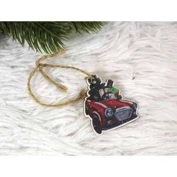 Vánoce Dřevěná ozdoba auto s dárky 4,5 x 4,5 cm
