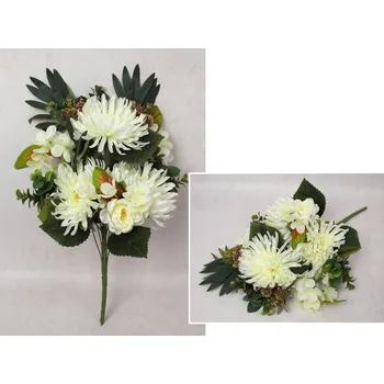 umělá květina Smíšená kytice CHRYZANTEMA, PIVOŇA, HORTENSIE výška 52 cm, 11 stonků (6 květů 15-5 cm) BÍLÁ