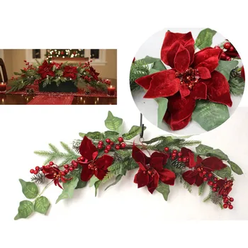 Vánoce Vánoční dekorace Vánoční hvězda, POINSECJA velurová (5 květů 12-22 cm) s šiškami a větvičkami borovice ČERVENÁ 75 cm