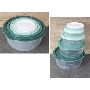 Dóza na potraviny Plastový kontejner, úložná krabička KULATÁ s barevným víkem – sada 5 ks